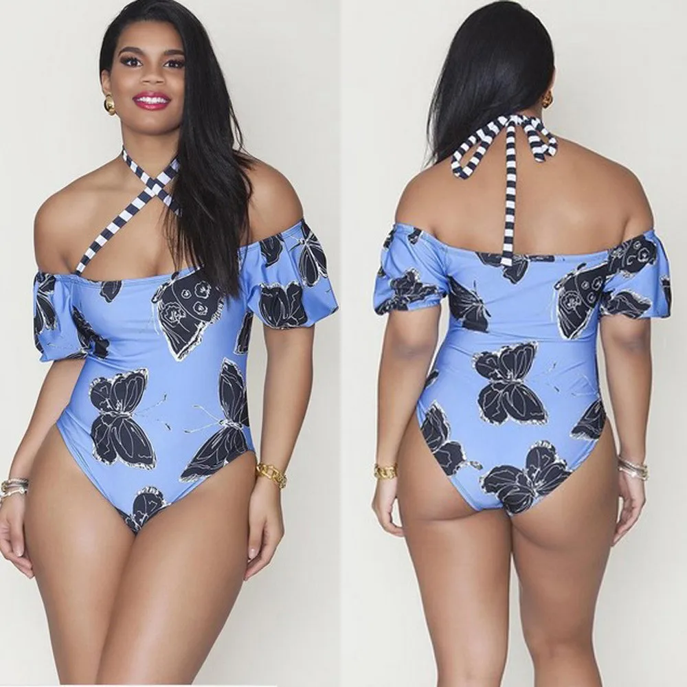 

Women Summer Plus Size 3XL One Piece Bandage Push up Monokini Bikini Cross Strap Pad Swimwear Print Blue Swimsuit Half Sleeves