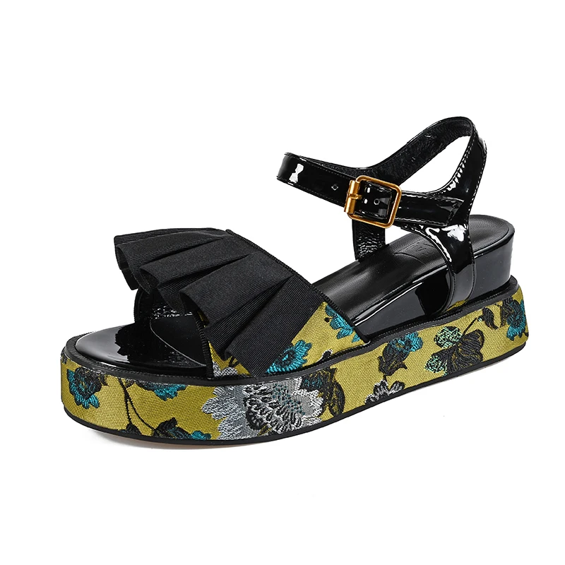 

Summer New Genuine Leather Women Sandals Thick Bottom Muffin Sandals Lotus Leaf Slope With Roman Student Shoes