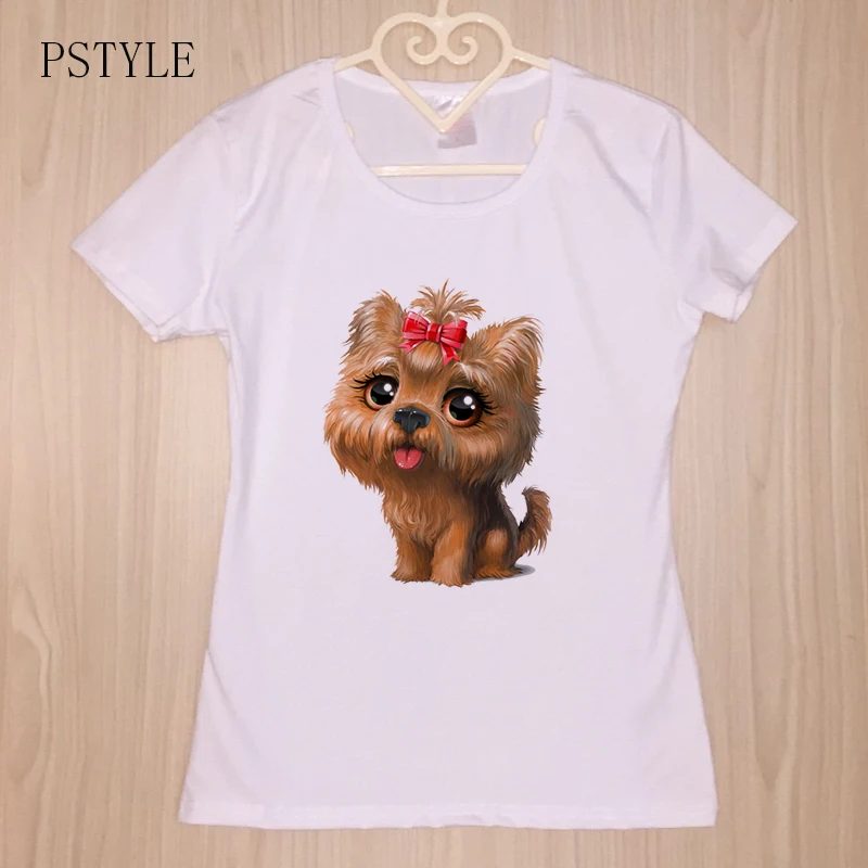 Женская футболка с изображением животных Kawaii милый маленький Йоркширский терьер с принтом на тему собак Забавные футболки летние белые футболки с коротким рукавом Baisc