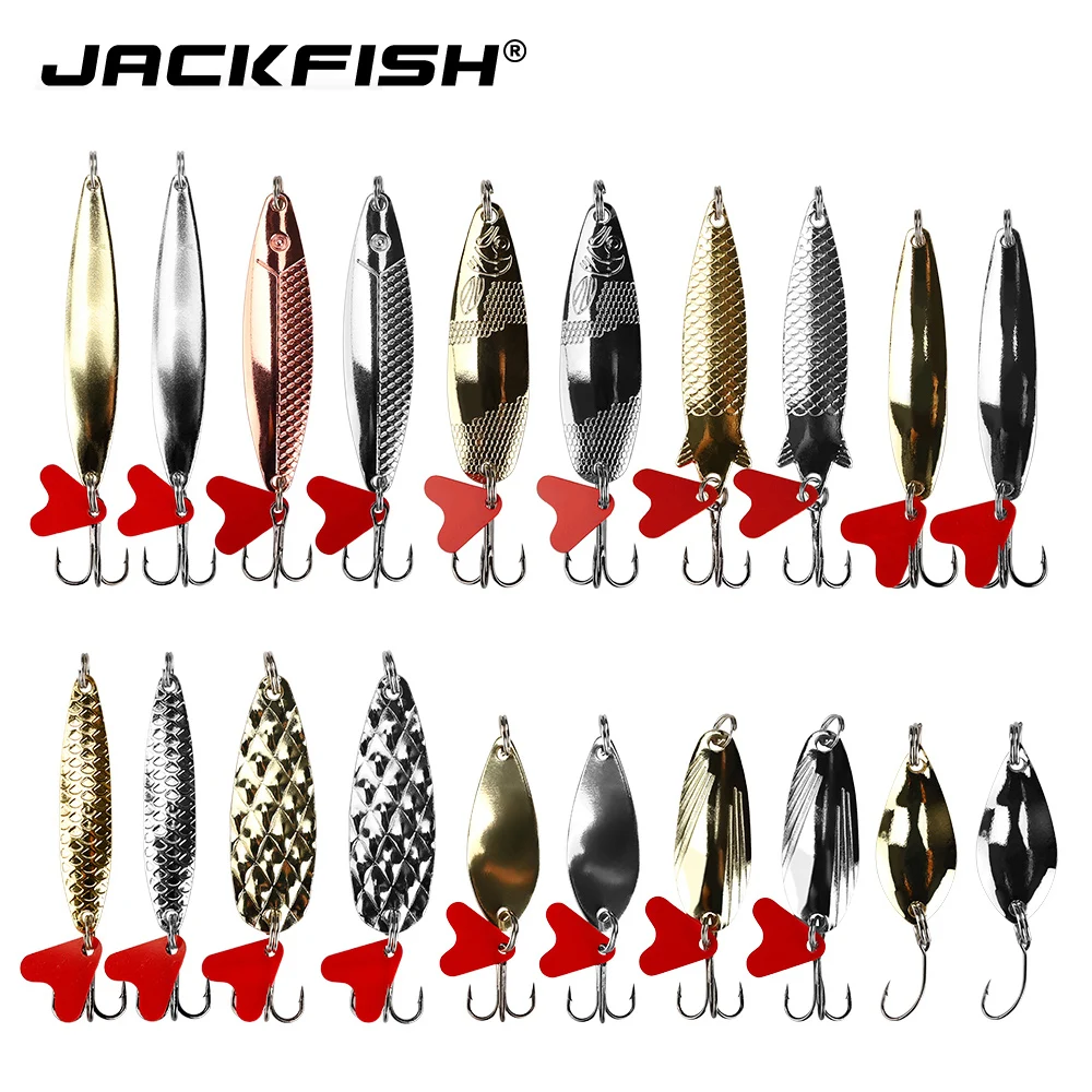 JACKFISH, 20 шт./лот, набор металлических наживок с блестками, 2,5 г/5 г/7 г/8 г/10 г, блесны, ложка, комплект рыболовной приманки с коробкой, жесткая приманка, рыболовный крючок