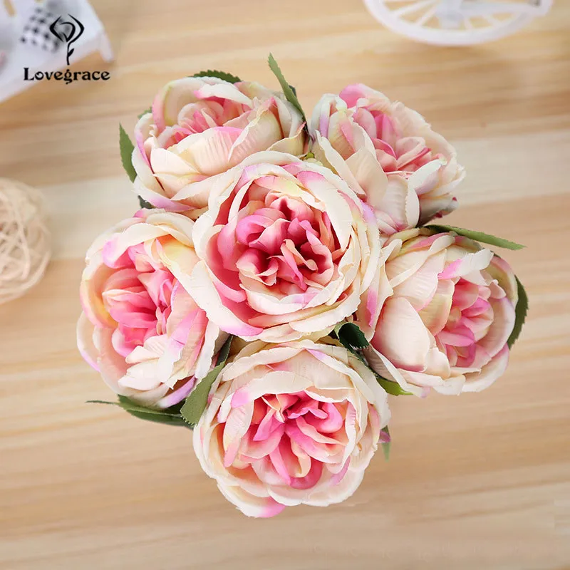 Bridal Bouquet Rose Artificial Flowers Red Pink Hydrangea Home Decoration White Peony Wedding Flower (13)