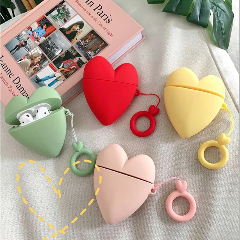 

Love Heart Soft Silicone Earphone Case For Apple AirPods 1 2 Silicone Cute Love Heart Protective Cover With Ring Strap #40