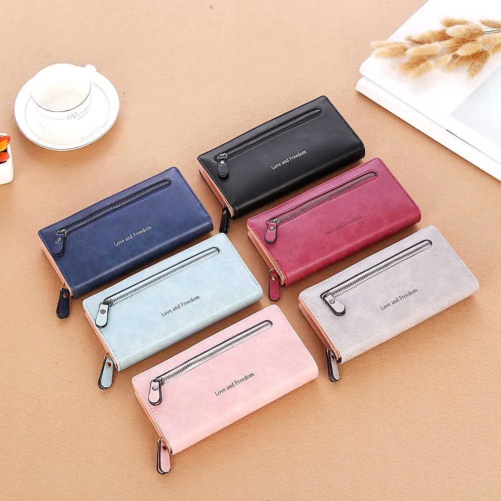 

Women Wallets Leather Purse Long Zipper Casual Clutch Wallet Wristlet Solid Black Colors Coin Purse Card Holders Handbag C509