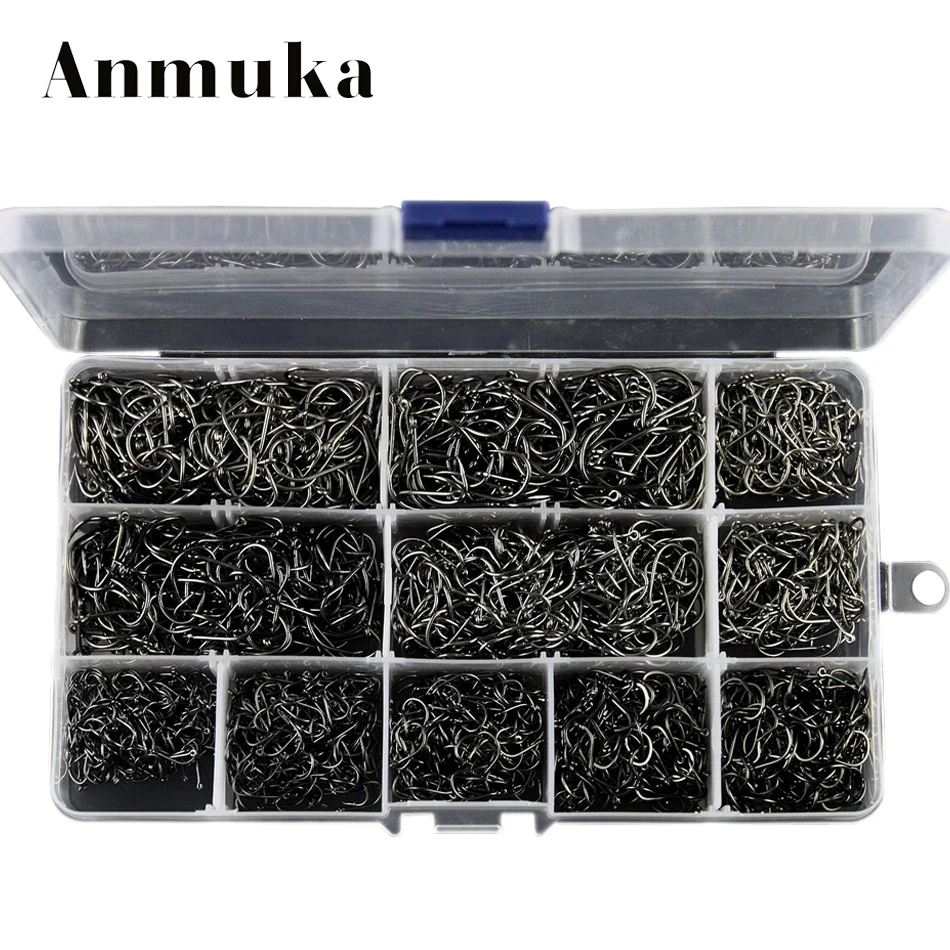 

Anmuka Hight Quality Bulk Sharped 3-12# fishing hooks box 800/1600/2000 pcs silver/black Ring Forged Carbon Steel Hook Wholesale