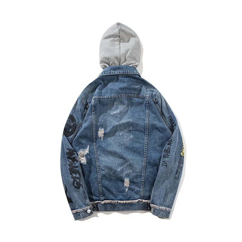 MORUANCLE Men Streetwear Ripped Jean Jackets With Holes Hi Street Distressed Denim Trucker Jacket Outerwear With Detachable Hood