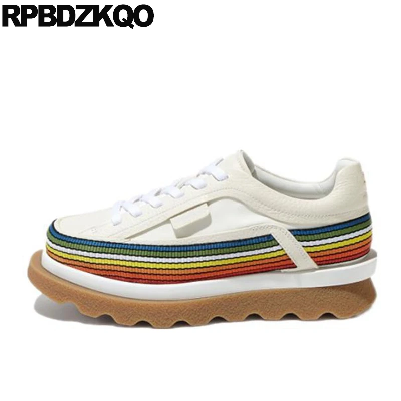 

Women Creepers Platform Shoes Muffin Wedge Genuine Leather Harajuku Lace Up White Square Toe Thick Sole Rainbow Casual Elevator