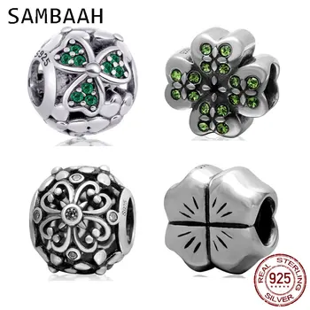 

Sambaah Shamrock Clover Charm with CZ 925 Sterling Silver Lucky Four Leaf Clover Beads fit Original Pandora Spring DIY Bracelet