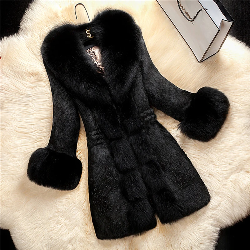 

Winter Women Faux Fur Coats Thicken Warm Outwear High Quality Long Sleeve Faux Rabbit Fur Coat Fox Fur Collar Plus Size 5XL