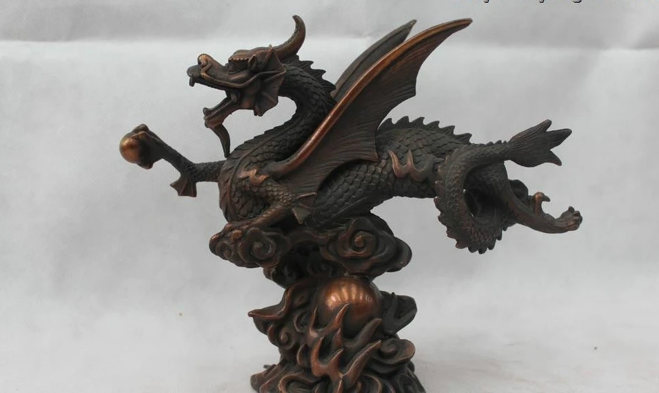 

8"Marked China Chinese Fengshui Bronze Lucky Fly Dragon Play Bead Statue