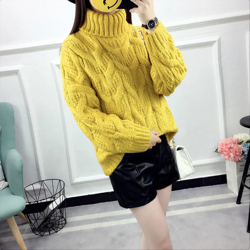 FMFSSOM Autumn Winter Woolen Knitted Solid Women Pullovers Sweater Casual Warm Outerwear Turtleneck Long Sleeve Female | Женская одежда