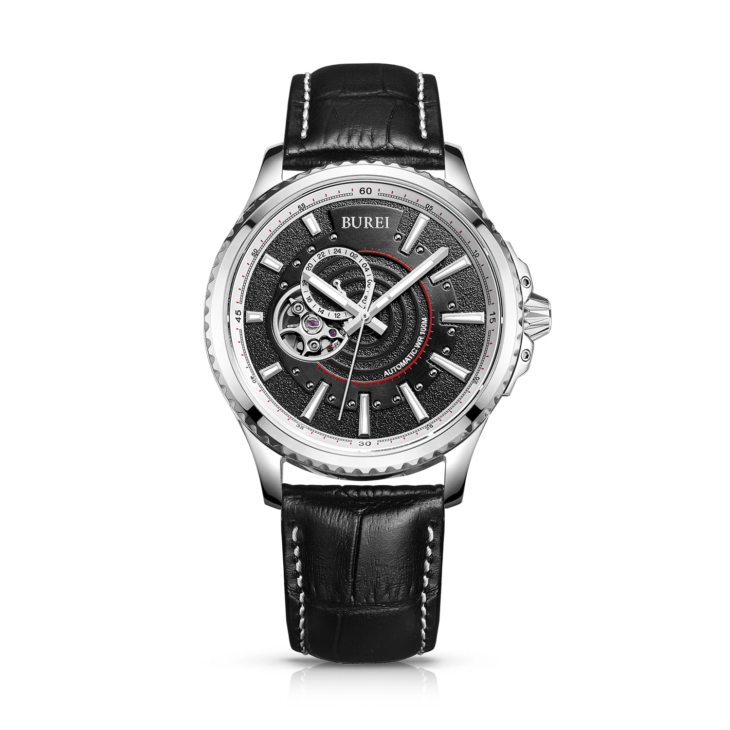 

BUREI 15009 Switzerland watches men luxury Racing speed master automatic self-wind luminous sapphire silver Leather belt