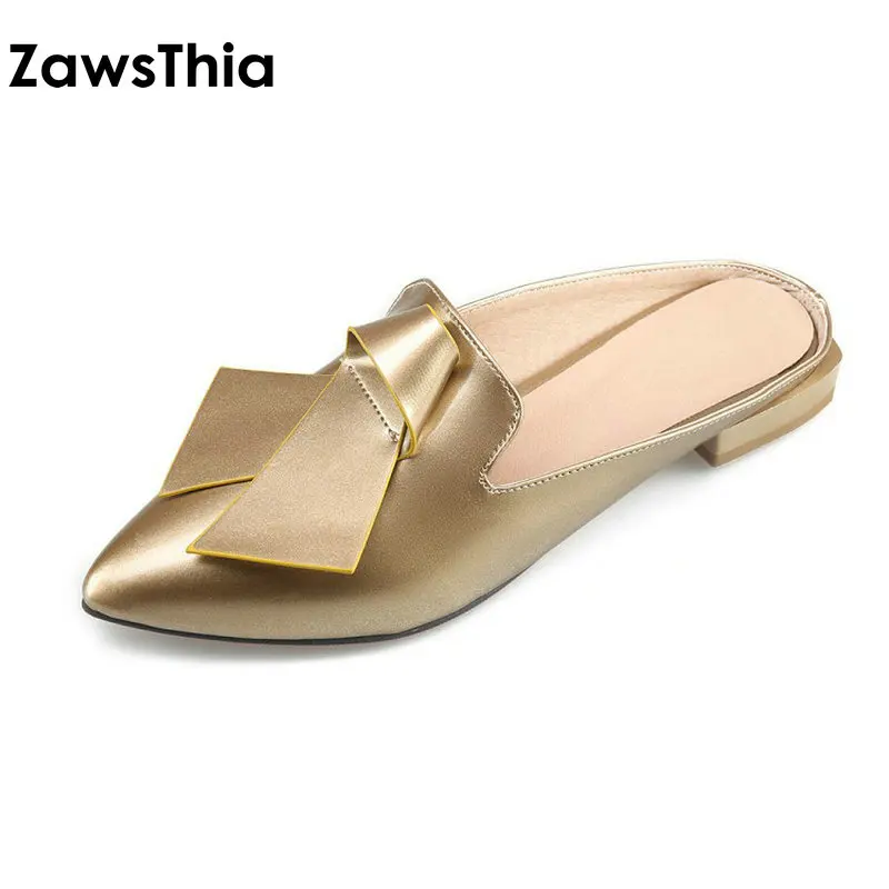 

ZawsThia golden black red woman summer flats shoes ladies slip on casual shoes pointed toe women mules slippers big size 33-43