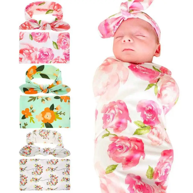 

0-2Y Baby Bunny Ears Floral Printed Body Cover Packing Warm Keeping Set Newborn Baby Summer Clothing Set With Headband