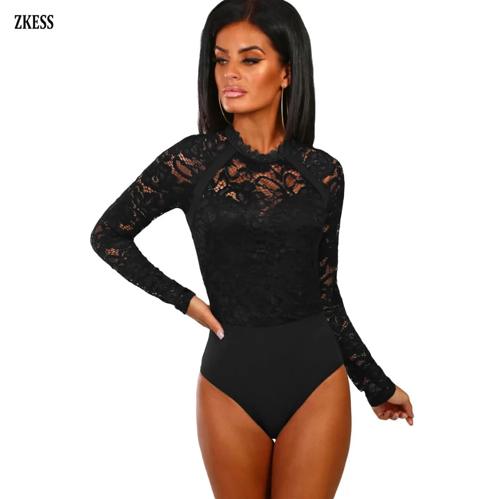 

ZKESS Women Sexy Black Cutout Open Back Sheer Floral Lace Bodice Bodysuits with O Neck Long Sleeve Bedtime Buttoned Nape LC32304
