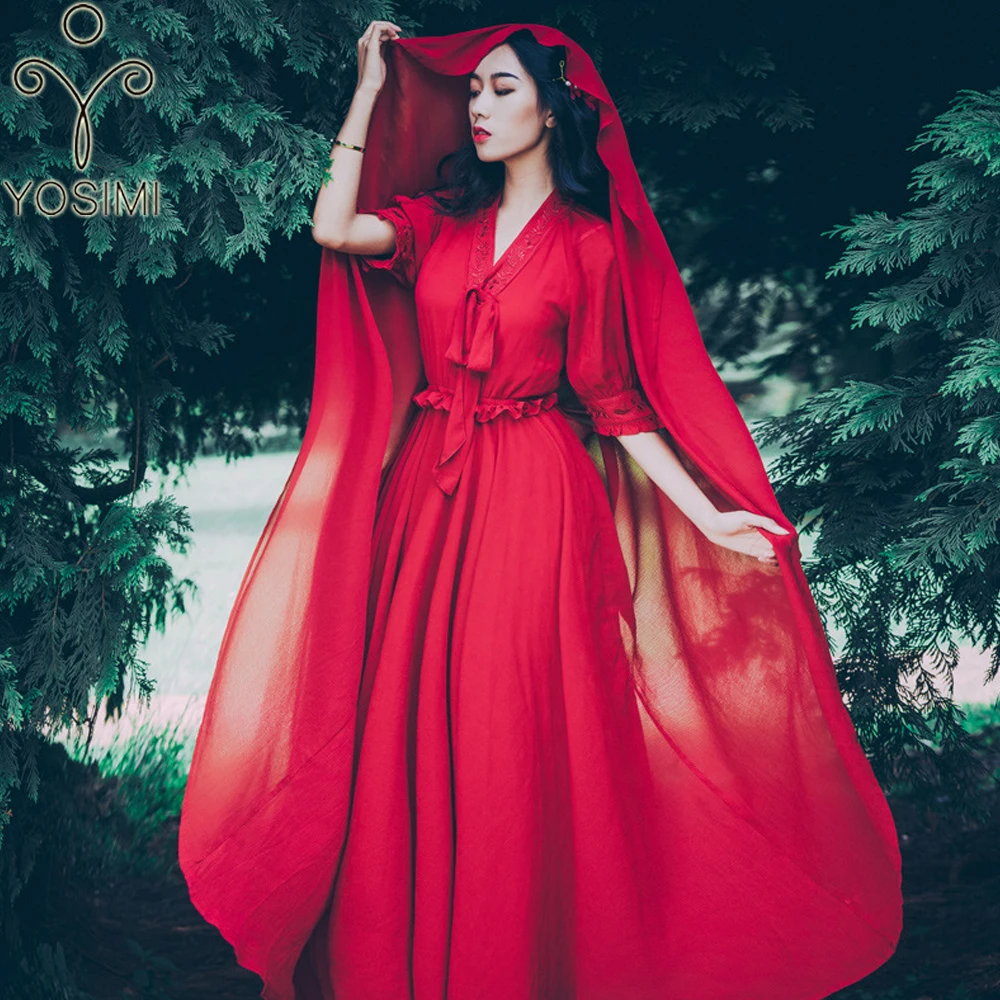 

YOSIMI 2018 Summer Embroidery Red Long Women Dress Vintage Chiffon Evening Party V-neck Ankle-lenth Half Sleeve Female Vestidos