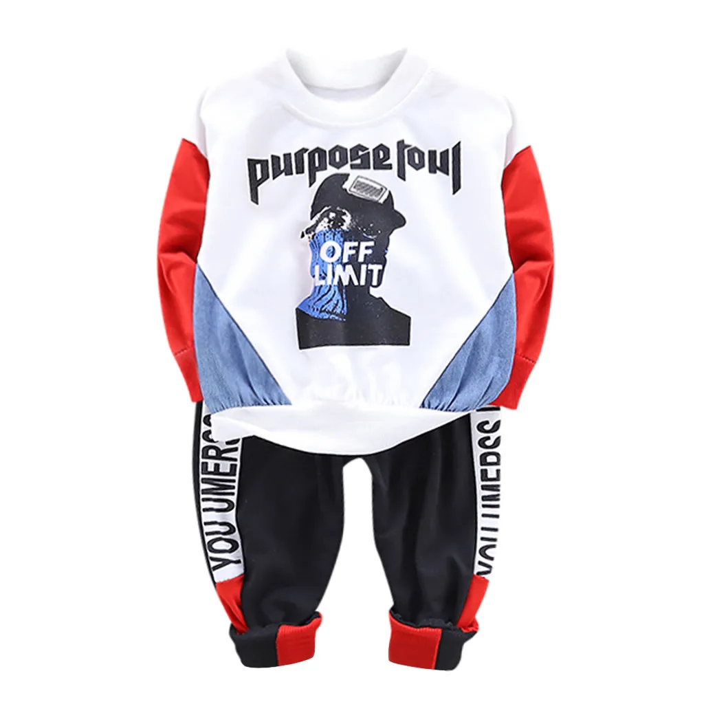 Children Autumn Clothes Toddler Kids Boy Cartoon Letter Long Sleeve Tops Pants Outfits Set Baby Boys Clothing roupa menino 0M-4Y - Цвет: B