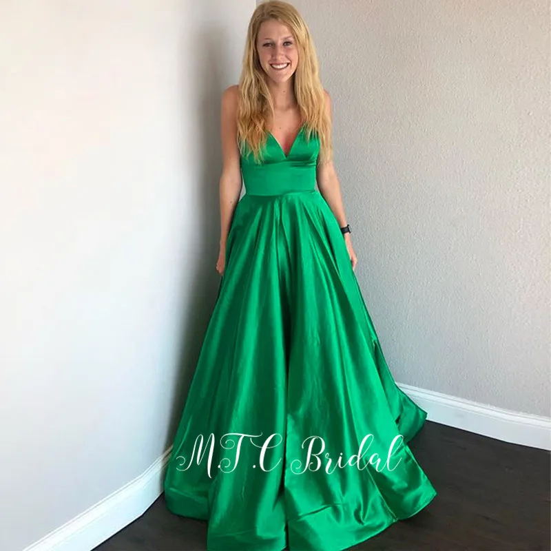 

Backless Green Long Evening Dress 2019 High Quality Spaghetti Strap A Line Floor Length Satin Formal Dresses Cheap Party Gowns