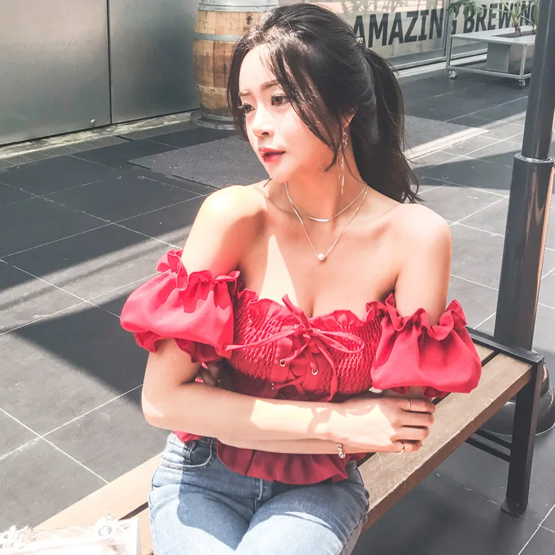 

2018 Summer New Women Shirts Off Shoulder Puff Sleeve Lace-up Pleated Stretchable Sexy Blouse Clubwear Crop Top Blusa Camisas