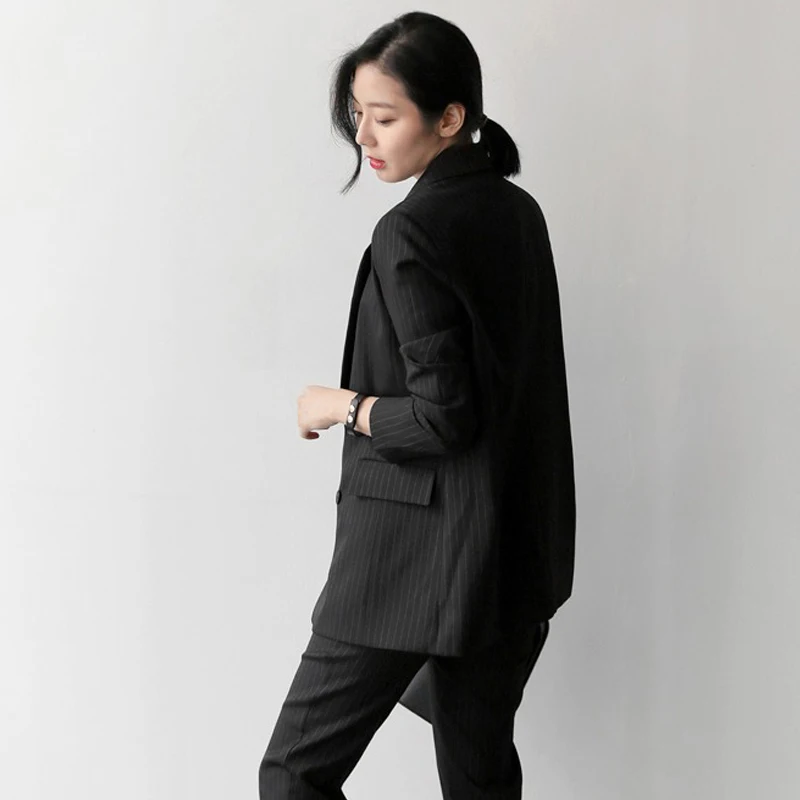 Work Fashion Pant Suits 2 Piece Set for Women Double Breasted Striped Blazer Jacket & Trouser Office Lady Suit Feminino 2018
