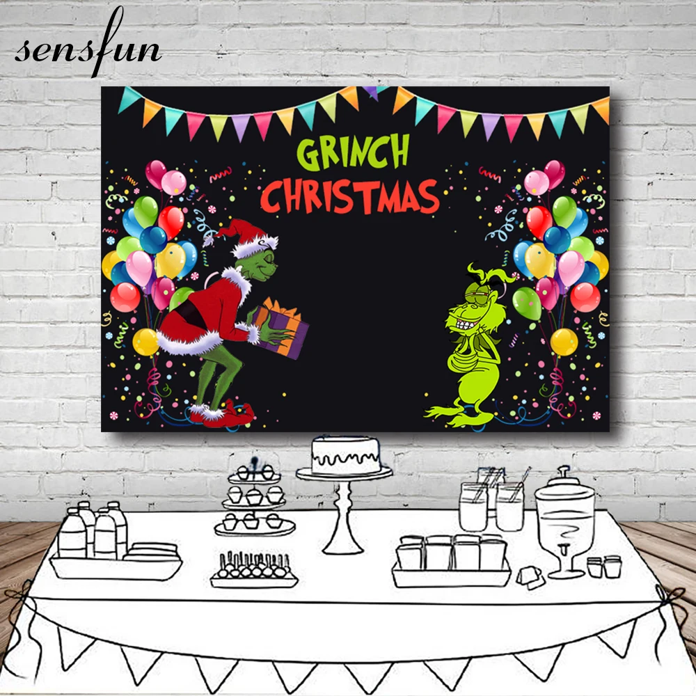 

Sensfun Grinch Christmas Party Photography Backgrounds Colorful Bunting Balloons Backdrops Black Customized 7x5ft Vinyl