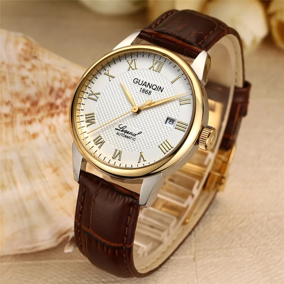 GUANQIN Mens watch Luxury Automatic Watch Men Mechanical Movement Wristwatches Waterproof Watches Top Brand White Day Display