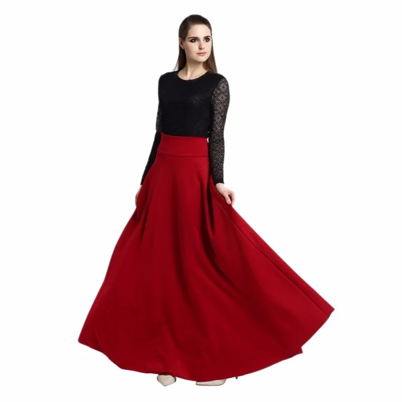 Высокая Талия Pleat Элегантный юбка черного цвета, цвета красного вина одноцветное Цвет длинные юбки Для женщин Faldas Saia плюс Размеры 5XL дамы Юп