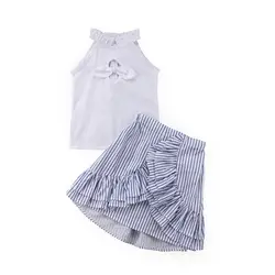 Модная летняя одежда для Лидер продаж для девочек одежда для малышей для девочек без рукавов топы белого цвета + в полоску оборки юбки 2 шт
