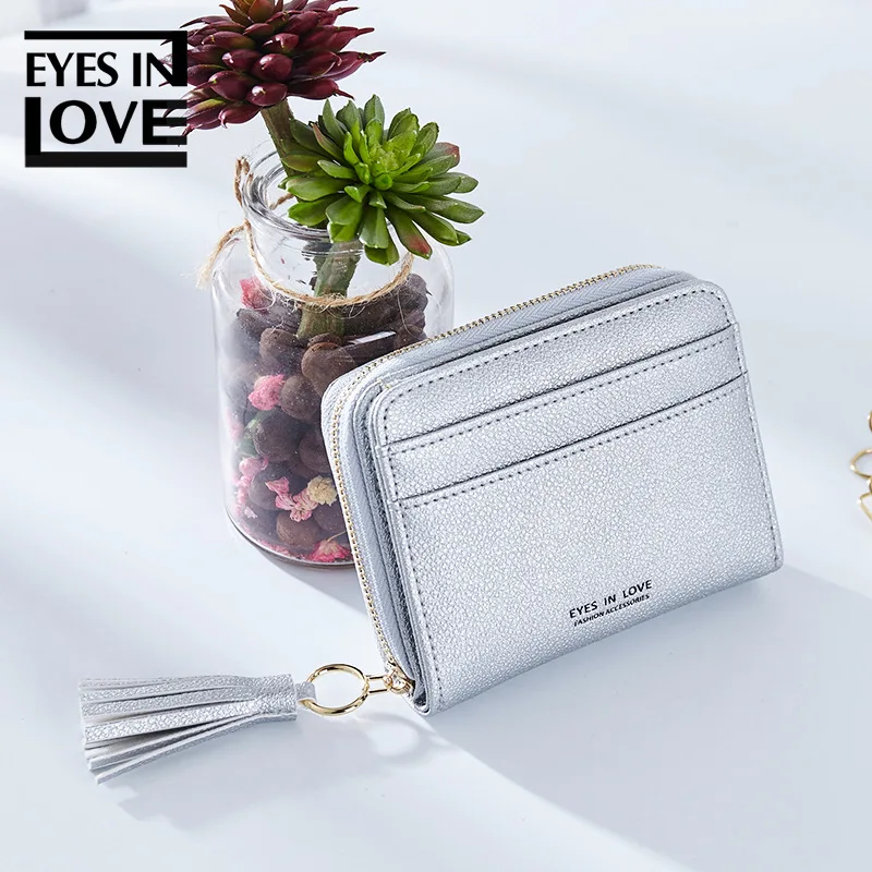 

Women Wallet Leather Tassel Solid Mini Purse Card Holder Coin Changes Standard Wallet Female Zipper Photo Pink Cute Small Wallet