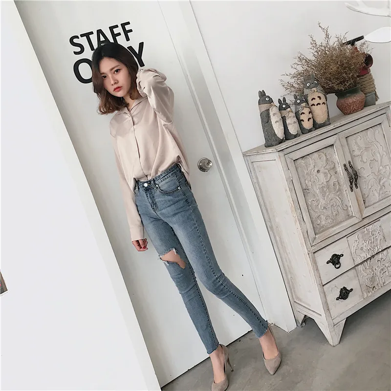 Для женщин Boyfriend Denim Винтаж отверстие Рваные джинсы sexy Высокий эластичный пояс Повседневное брюки женские, тонкие узкие женские