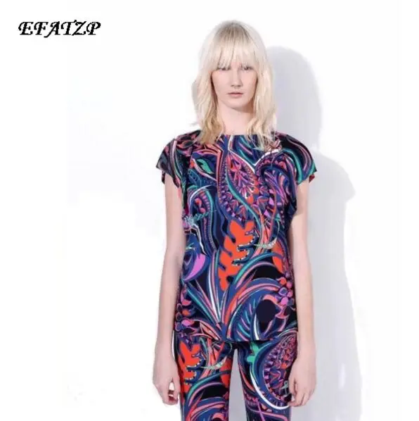 

Europe's new lady stretch high-end printing silk jersey slim Blouses with short sleeves Shirts
