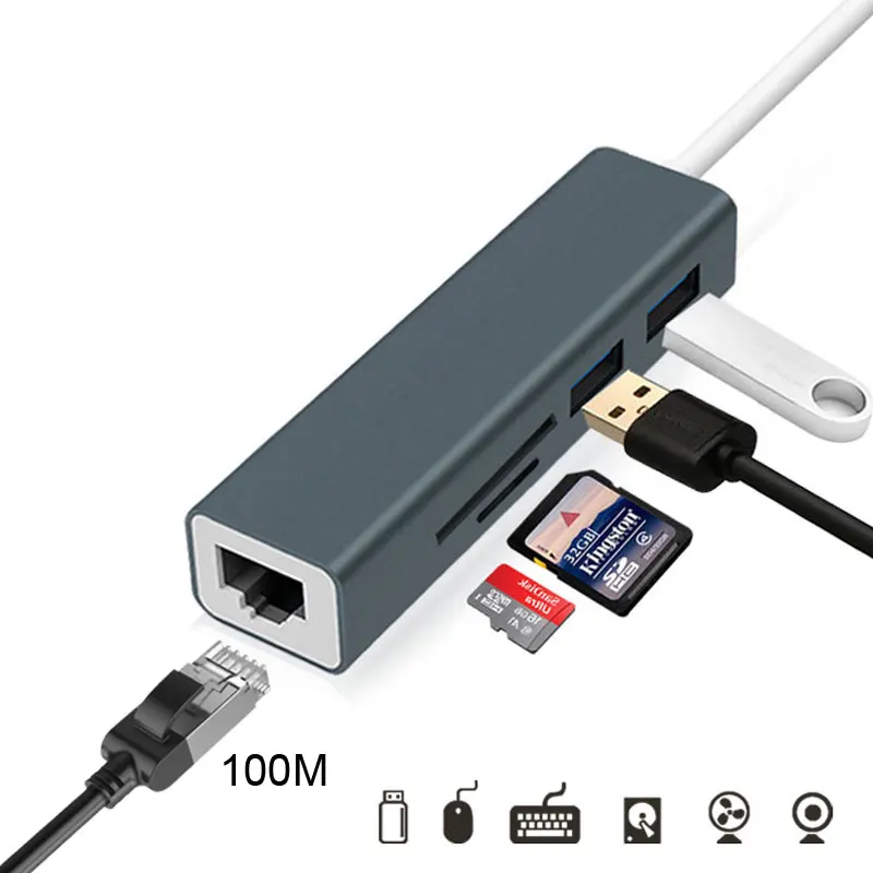 Uosible Thunderbolt 3 адаптер Тип usb C концентратор usb C до RJ45 для MacBook Pro с 100 Мбит/с Gigabit Ethernet TF/SD слот кардридера USB3.0