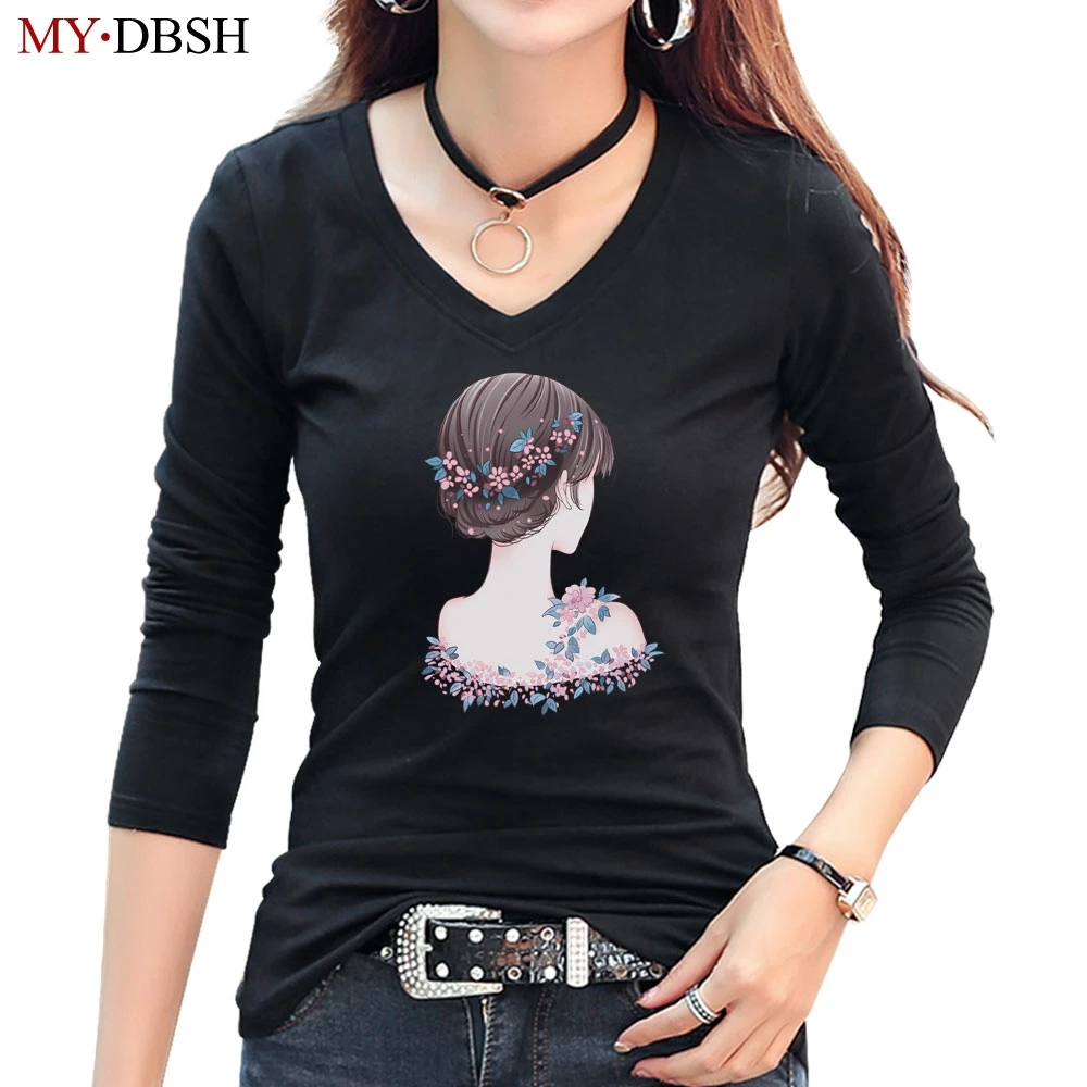 

2019 Summer Long Sleeve Woman T Shirts Casual V Neck Cotton Tees Fashion Lovely Cute Girl Print tshirt Ladies Cotton T-shirts