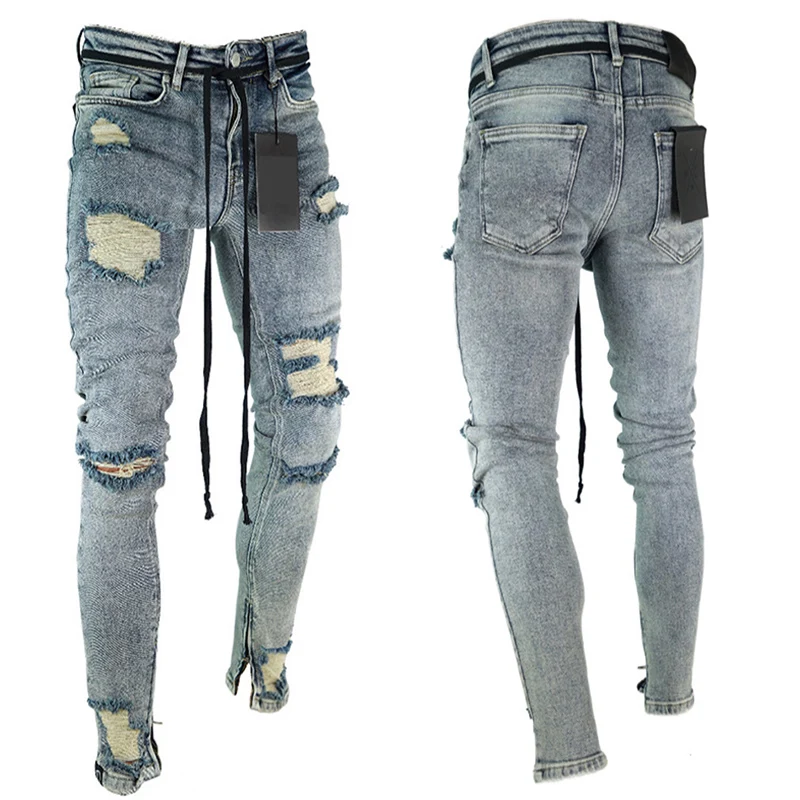 TJWLKJ Hip Hop Ripped Jeans for Men Straight Pencil Pants Stretch Hole Streetwear Skinny Denim Jeans Men Trousers Jean Homme