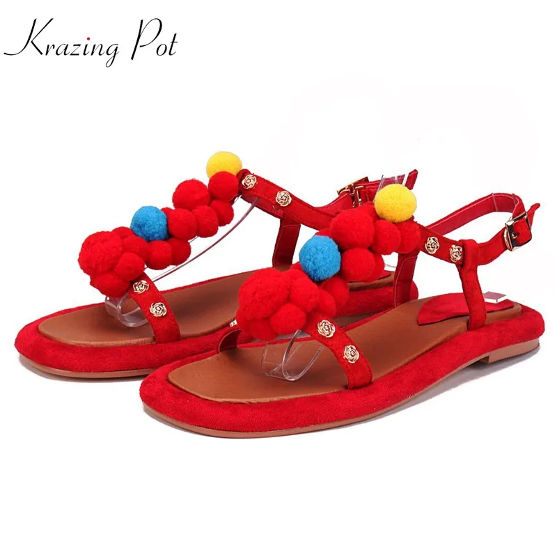 

Krazing Pot 2018 new sheep suede natural leather buckle strap sweet luxury metal flowers colorful preppy style women sandals L89
