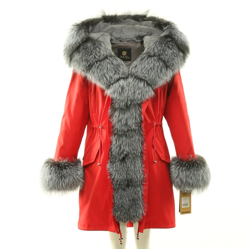 Женские зимние длинные парки куртка Лисий мех воротник съемный кролик подкладка с капюшоном манжеты мех черный зеленый красный 18007