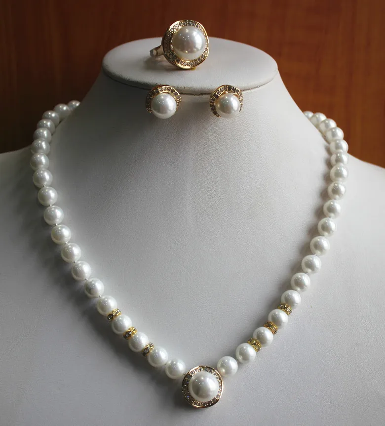 

best gift jewelry set!Wholesale simple and noble Women's pure white pearl Necklace earring ring(7/8/9) set #203