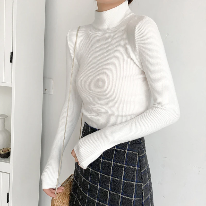 2018 Autumn Women Tops Ladies Long Sleeve Turtleneck Slim Pullover Knitted Thin Sweaters Top Femme Korean Solid Knitting Shirts