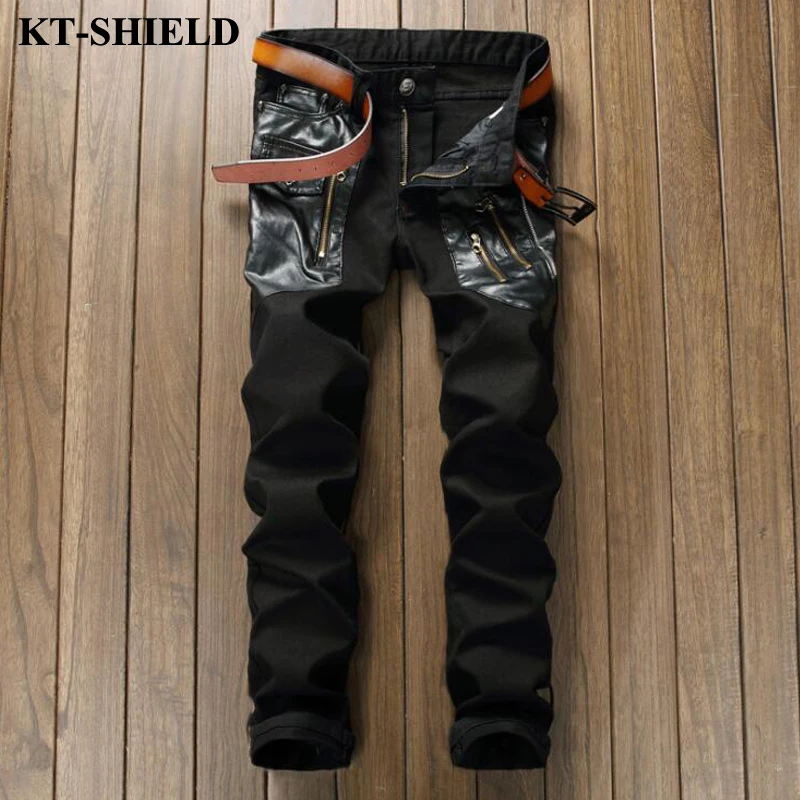 Famous Brand Black Pants Fashion Designer Jeans Men PU Leather Slim Fit Male Denim Trousers Ripped