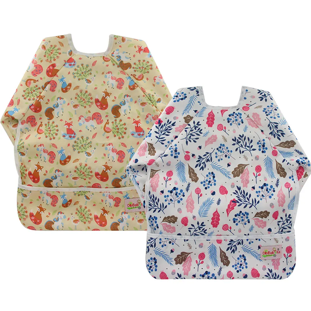 

Ohbabyka 2Pack Waterproof Baby Feeding Bib Long Sleeve Cartoon Unicorn Print Baby Accessories Baby Bibs with Pocket Boy Girl Bib