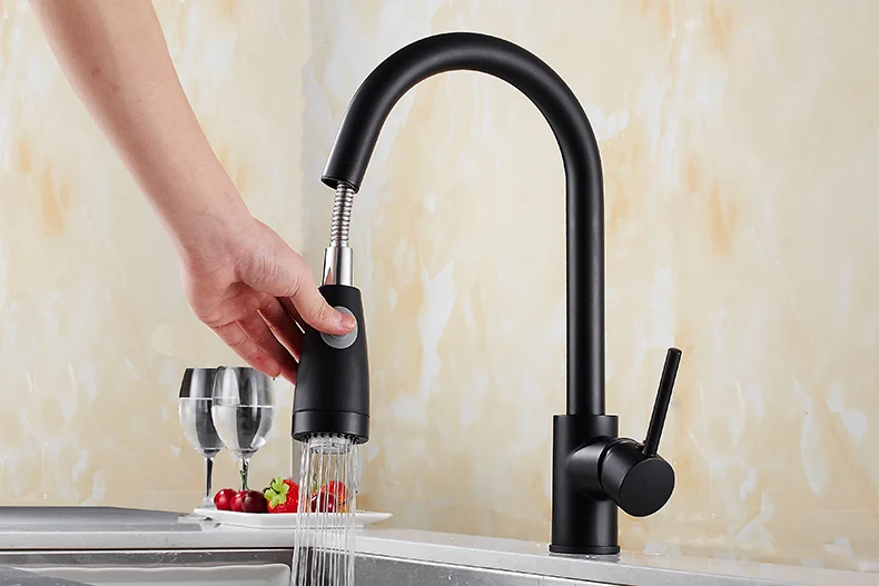 Кухня смесители светодиодный черный/Chrome Одной ручкой вытащить Кухня нажмите на одно отверстие поворотной ручкой 360 градусов воды
