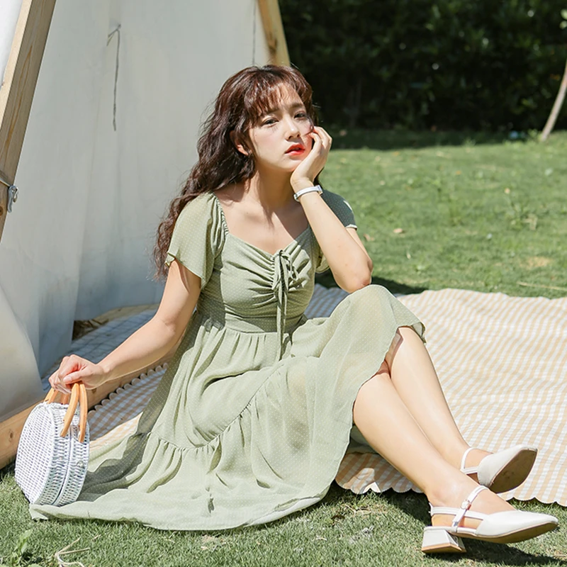 

HAYBLST Brand Women Dress 2019 New Summer Chiffon Fashion Dot Patchwork Green Clothing Plus Size L Korean Vintage Womens Dress