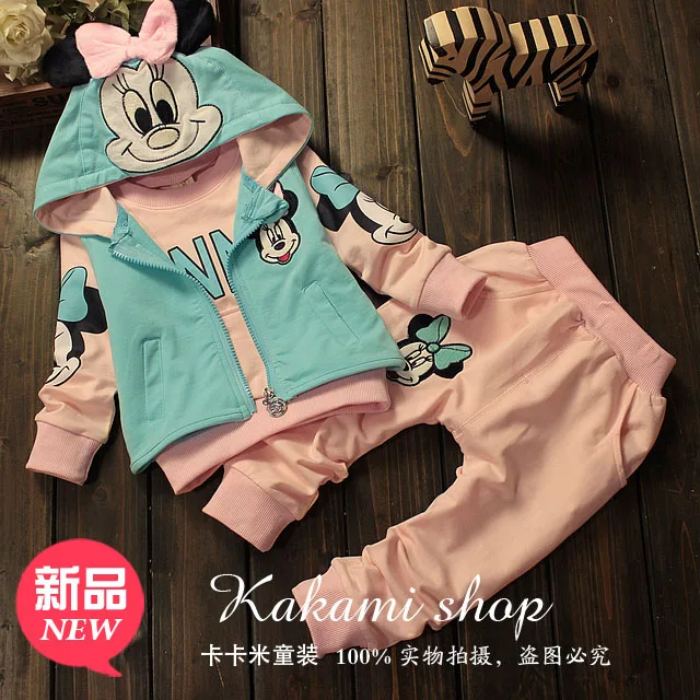 

2015 spring autumn new arrival female child cartoon cotton sweatshirt vest  clothing set kids baby girl clothes three-piece