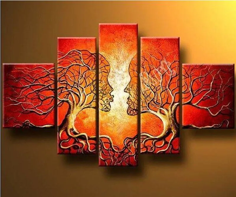 

Hand Painted Abstract Lover Trees Red Oil Painting On Canvas Modern Home Wall Art 5 Panel Pictures Paintings Set For Living Room