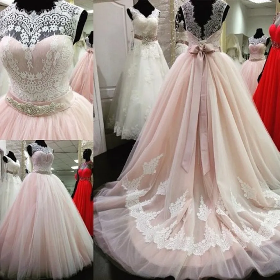 

New Arrival Lace Crystal Belt Sash Open Back Pink Wedding Dress