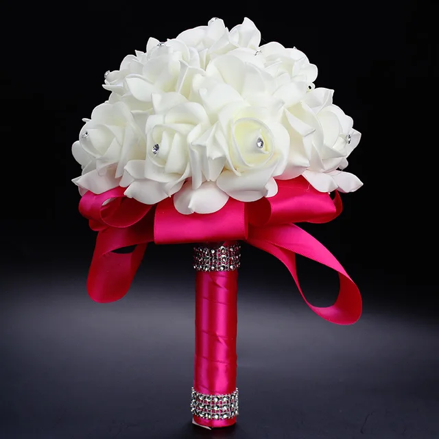 Online Elegant Royal Blue Purple Red Fuchsia Rose Artificial Elegant Royal Blue Purple Red Fuchsia Rose Artificial Bridal Flowers Bride Bouquet Wedding Crystal Silk Ribbon