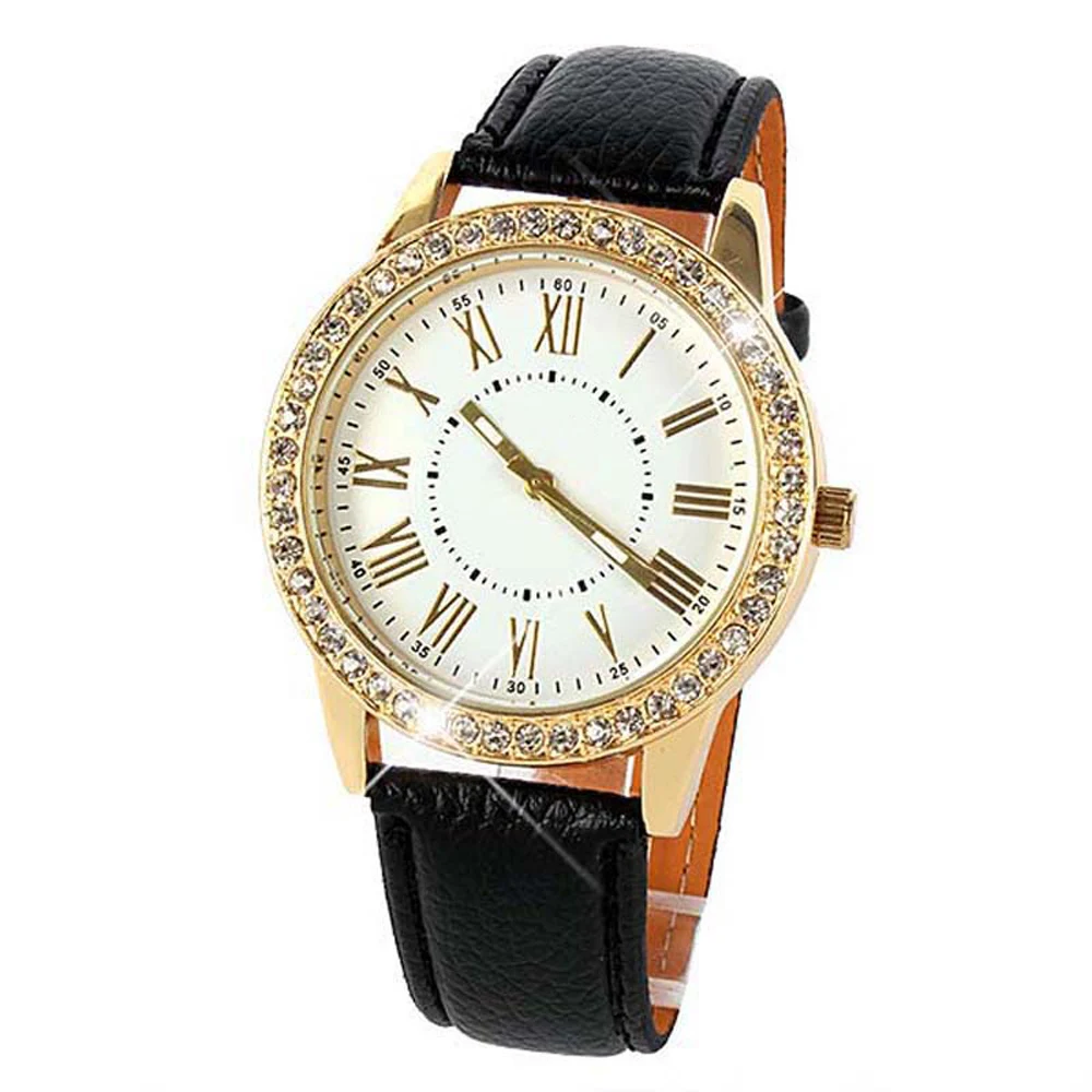 Low Price Bling Gold Crystal Women Luxury Leather Strap Quartz Wrist