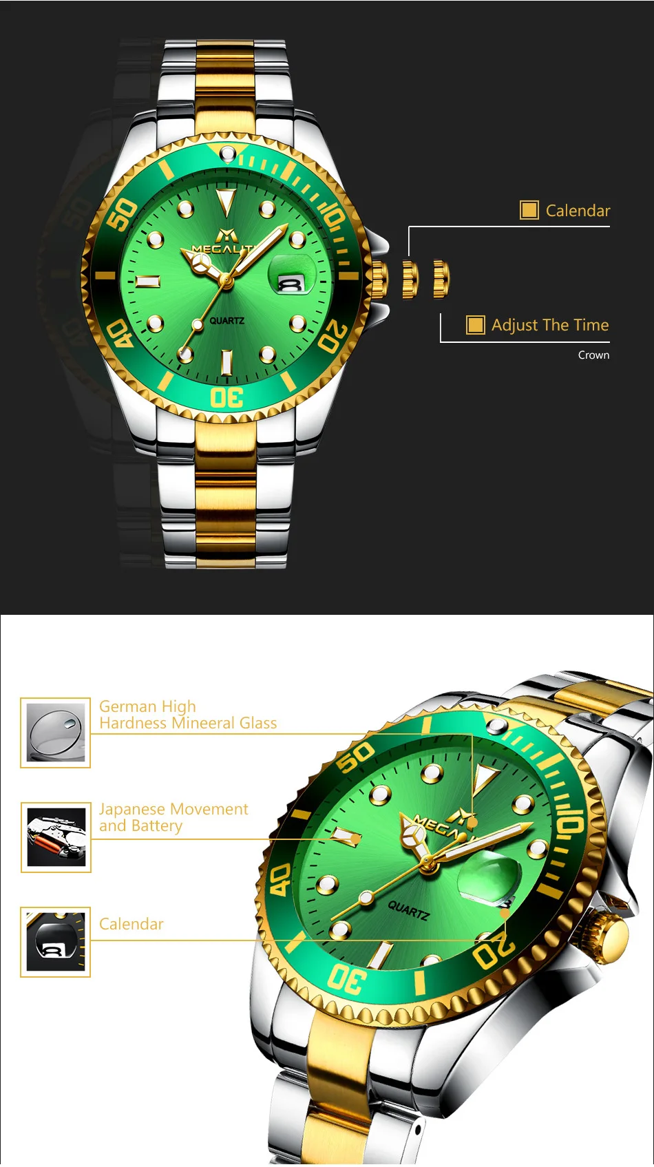 MEGALITH кварцевые часы мужские водонепроницаемые аналоговые наручные часы с календарем лучший бренд класса люкс мужские часы из нержавеющей стали Relogio Masculino