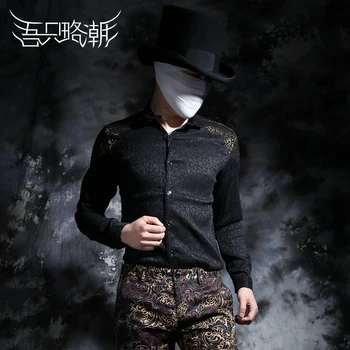 

Hot! Men Spring And Autumn New Slim Long-sleeve Shirt Decorative Pattern Vintage Stretch Cotton Shirt Nightclub Shirts Costumes