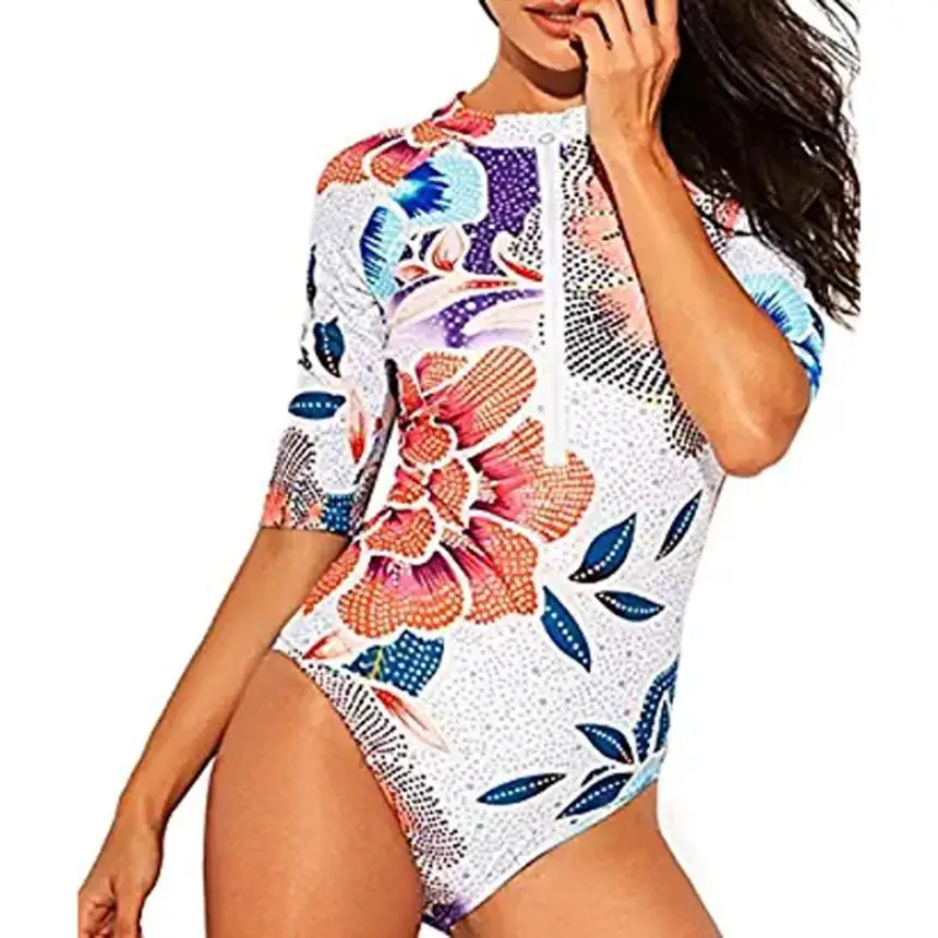 

New Swimwear Playsuits Women Rashguard Half Sleeve Zip UV Protection Print Surfing Swimsuit Swimwear Thong Bottoms Mar13
