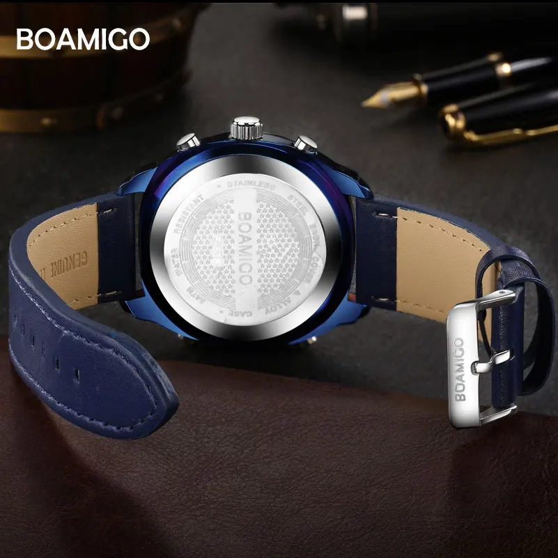 BOAMIGO العلامة التجارية الرجال الرياضة الساعات رجل الأزرق جلدية LED الرقمية الكوارتز المعصم 30 m مقاومة للماء ساعة حائط هدية Reloj هومبر